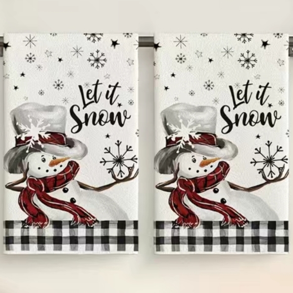 2pc Hand Towels Christmas Holiday Black & White Checkered Snowman Kitchen Towels - Picture 9 of 9